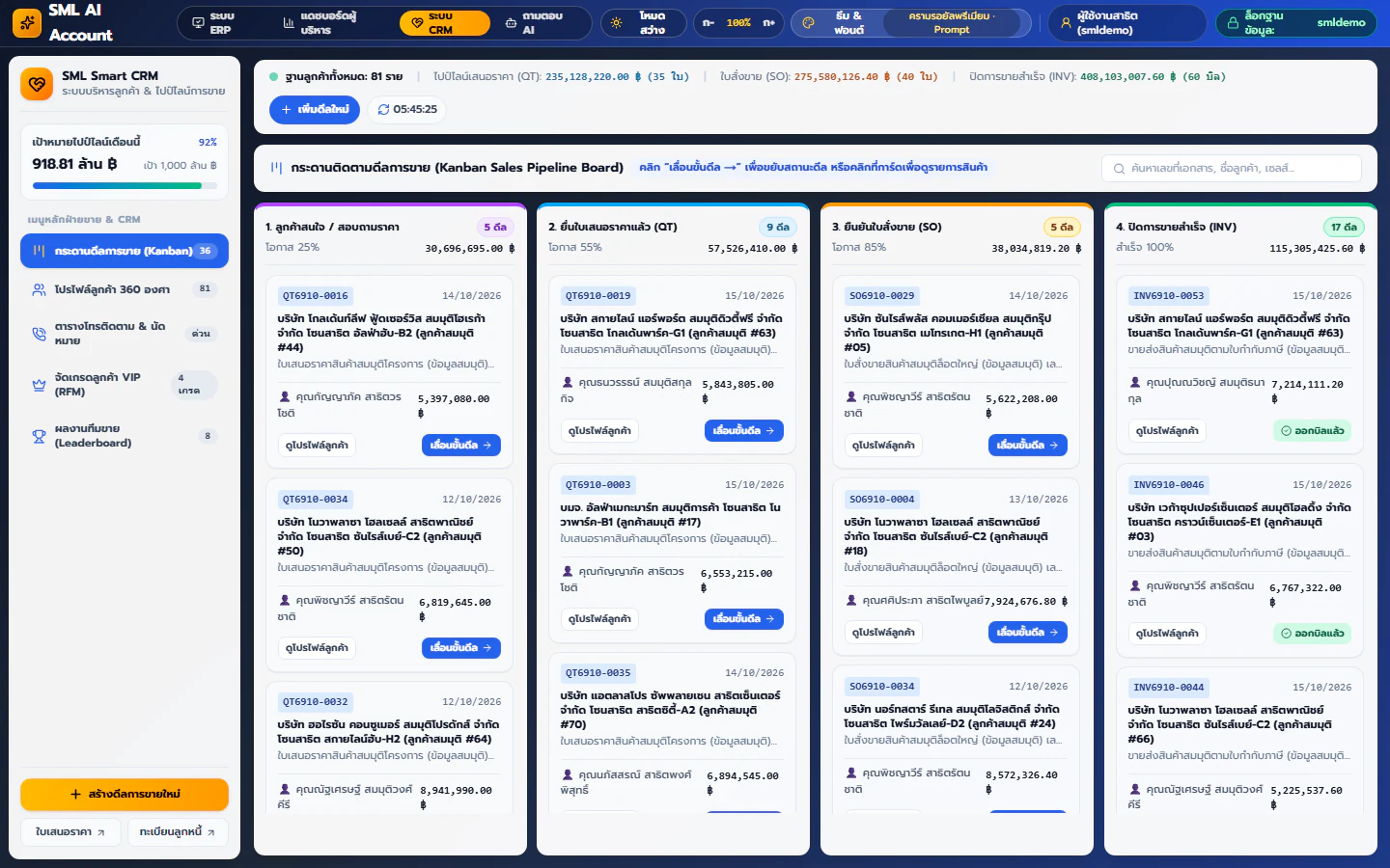 ระบบบริหารลูกค้าและไปป์ไลน์การขาย (SML Smart CRM 360°) - ตัวอย่างหน้าจอ SML Ai Account Web App