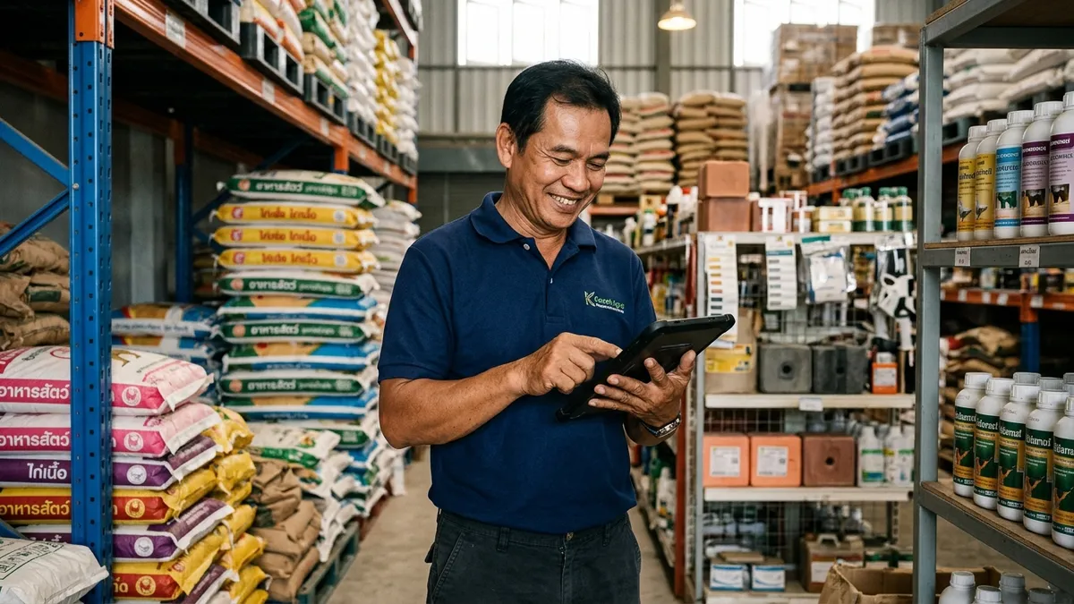 เจ้าของร้านอาหารสัตว์และยาสัตว์ใช้แท็บเล็ต SML ERP ตรวจสต๊อกกระสอบอาหารสัตว์ในโกดัง